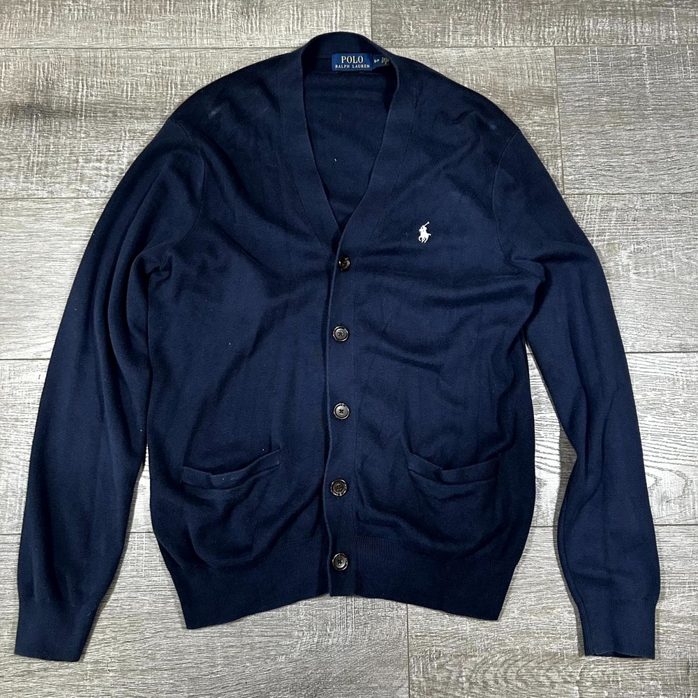 Polo Ralph Lauren Cardigan Mens Small Navy Blue Pima Cotton V-Neck Logo Sweater